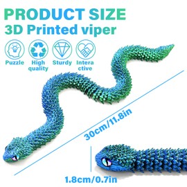 TEAONE 3D Snake Toy, 3D Printed Animal for Desktop Decor, Birthday Gift, Loot Bag Fillers (Blue Green, Length 30cm/11.81in)