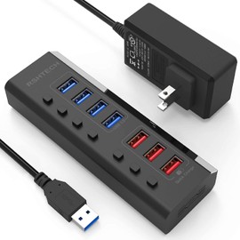 Powered USB Hub RSHTECH 7 Ports USB 3.0 Hub with 4 High Speed Data Transfer Ports + 3 Fast Charging Ports,36W 12V/3A Power Adapter and Individual On/Off Switches(A37-Black)
