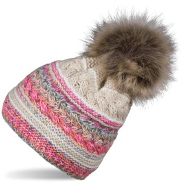 styleBREAKER 04024202 Women's Knitted Bobble Hat with Colourful Pattern Mix and Fleece Lining, Winter Fur Bobble Hat, Knitted Hat, Beige-multi-coloured