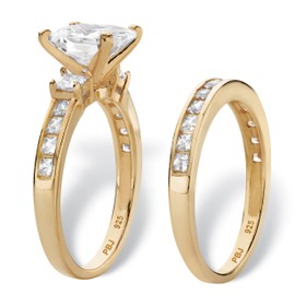 PalmBeach Yellow Gold-Plated or Platinum-Plated Sterling Silver Princess Cut Cubic Zirconia Bridal Ring Set Size 7