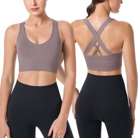 HANERDUN Women's Mittle Support Sports Bra Crossback Push Up Yoga Bra Seamless Without Underwire with Removable Padded for Fitness Running Jogging, 1 Piece (Coffee)