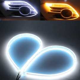 Qasim 60cm White&Yellow Cars DRL LED Strip Daytime Running Lights 24inch Sequential Flowing Turn Signal Guide Strip Auto Car Styling Accessories Waterproof,2-Pack