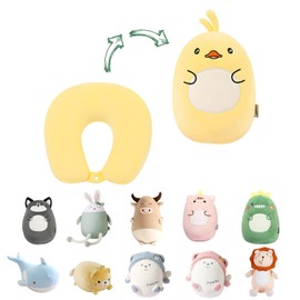 JOYRAVO Kids Travel Pillow - 2-in-1 Deformable Neck Pillow, Soft U-Shaped Pillow with Cute Plush Animals Comfy Sleep and Play Companion for Airplanes, Cars, and Travel - Yellow Duck