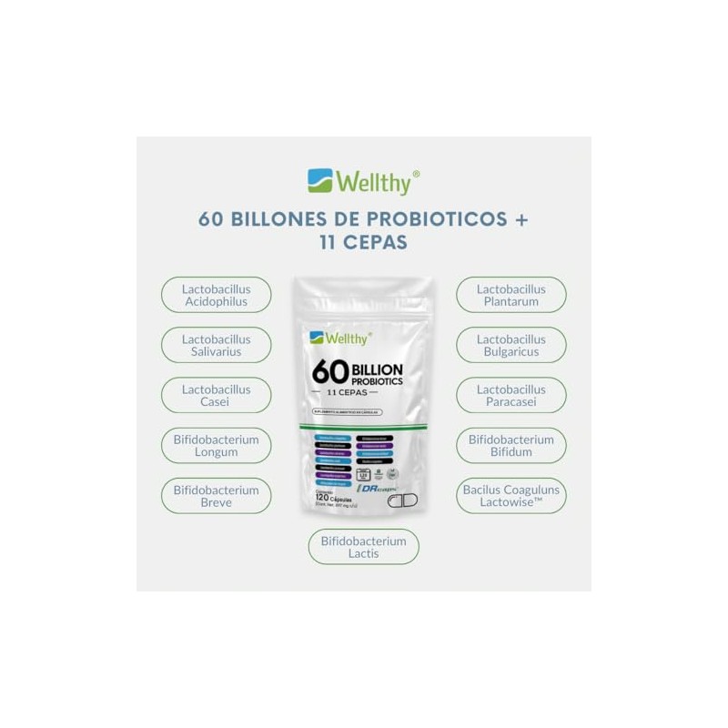 Wellthy Probioticos 60 Billones 11 Cepas. 120 Cápsulas 4 meses