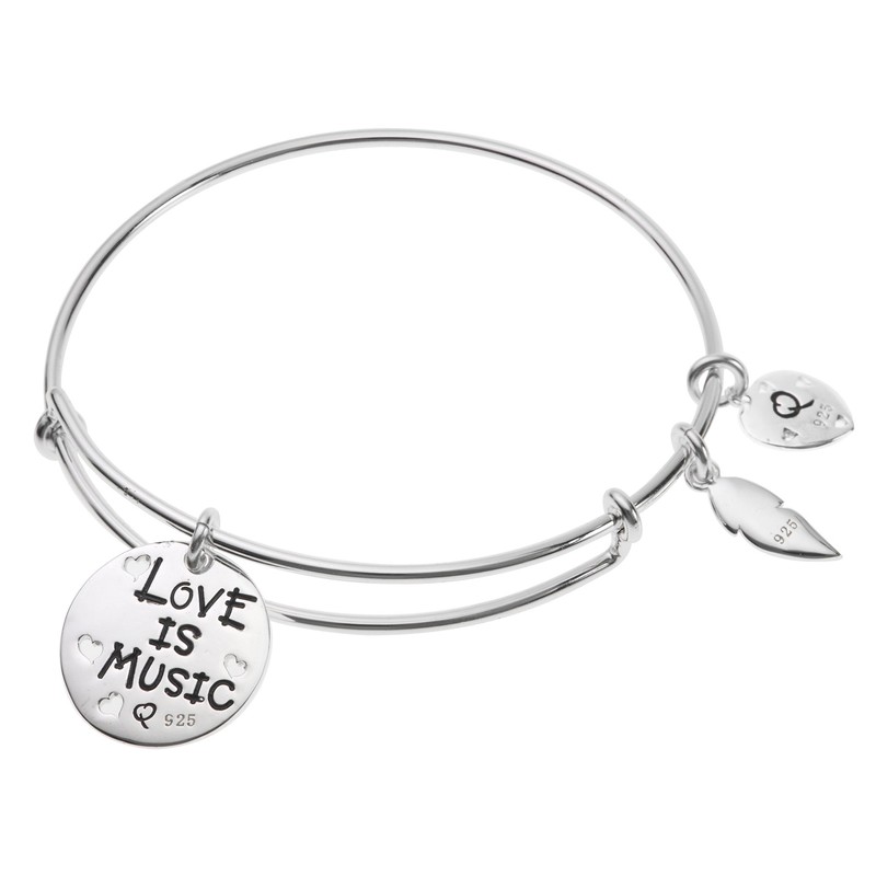 Sterling Silver Love Music Heart Feather Dangle Charm Expandable Bangle