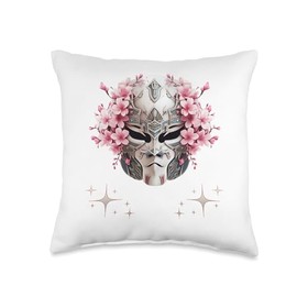 Samurai Mask Japanese Anime Kawaii Blossom Cherry Flower Throw Pillow