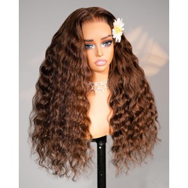 Megalook hair Chocolate Brown Loose Deep Wave Lace Front Wigs Human Hair Glueless Wear and Go 230% Density 13X6 HD Lace Frontal Wigs Human Hair Pre Plucked with Natural Hairline 20 Inch