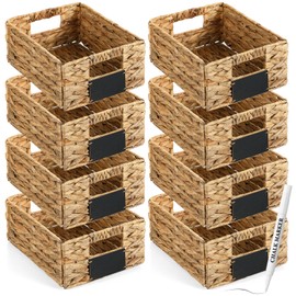 Nitial 8 Pcs Wicker Storage Basket, Rectangular Water Hyacinth Storage Basket for Shelving, Foldable Woven Pantry Organizer with Chalkboard Label and Chalk Marker (Natural,12 x 9 x 5 Inch)