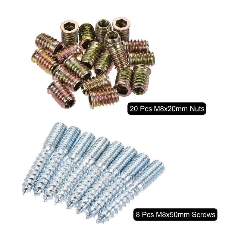 uxcell 20pcs M8x20mm Threaded Insert Nut, 8pcs M8x50mm Hanger Bolt,