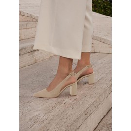 Juliet Holy Womens Pumps Pointed Toe Slip on Slingback Cute Bowknot Classic Chunky Block Heels, Beige, Size 7