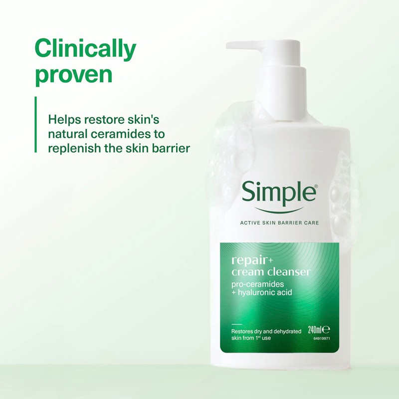 Simple Repair+ Facial Cleanser pro-ceramides + hyaluronic acid restores dry