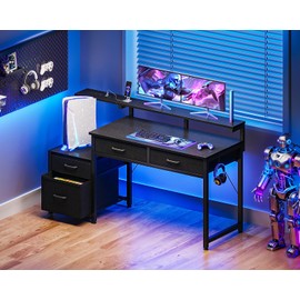 AODK Computer Desk with 4 Drawers, 48 Inch Gaming Desk with Power Outlet, Office Desk with Monitor Shelf, Work Desk Table for Home Office, Black
