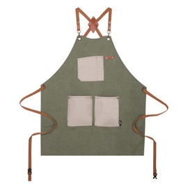 Two-tone work apron - heavyweight cotton canvas with multiple pockets | Duraflex® quick-adjust buckle | All-day comfort for chefs, gardeners, bartenders, woodworkers (Olive body + Off-white pocket)