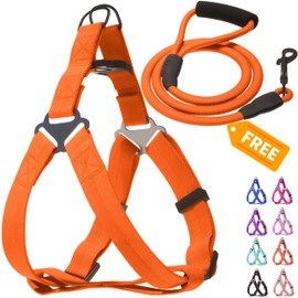 JUSTGIFT Step in No Pull Dog Harness, Free Upgrade Ultra Durable Dog Rope Leash Harness Nylon (2-in-1) Non-Slip Adjustable, Easy Control Handle, Strong Metal, Vest Harness for Puppy Dog - Orange M
