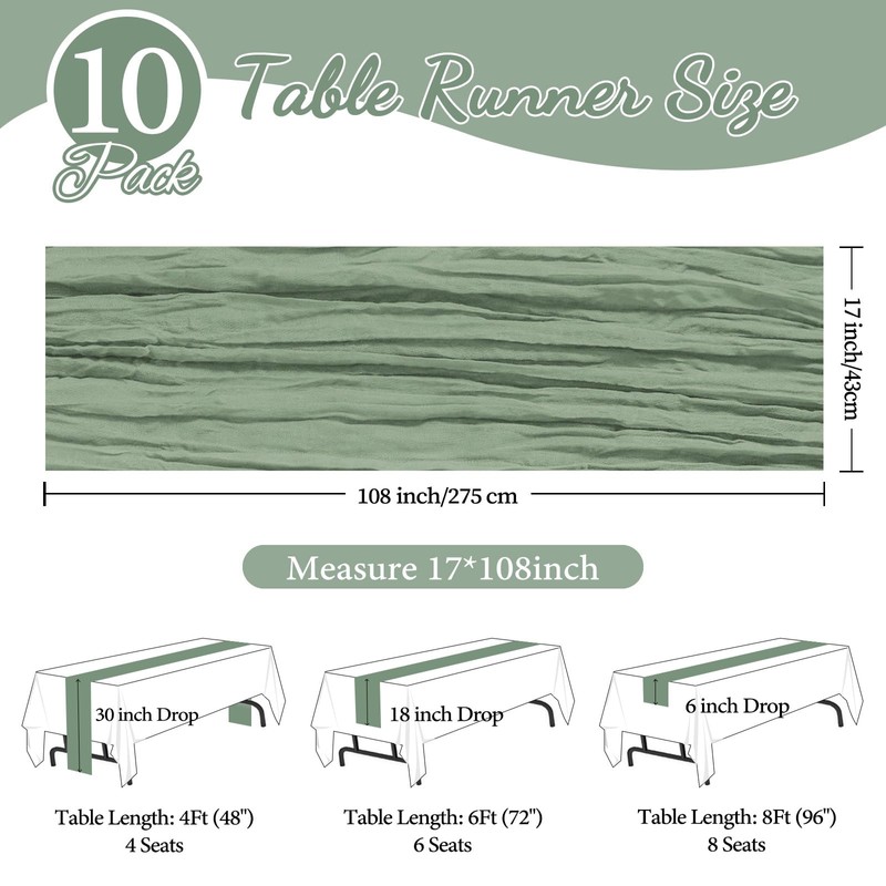CKIKU 10 Pack Sage Green Table Runner Cheesecloth 17 x