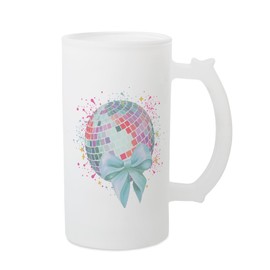 Elanze Designs Cute Freezable Beer Stein Mug With Thumb Grip Handle 16 Ounce Frosted Glass, Glitzy Disco Ball Splatter With Coquette Bow
