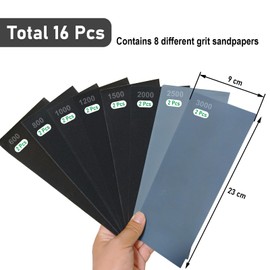 Sandpaper 16 Sheets 600/800/1000/1200/1500/2000/2500/3000 Grit Wet and Dry Sand Paper for Wood, Walls, Plastic, Metal and Car Paintwork Sanding, 9 x 3.6 Inches