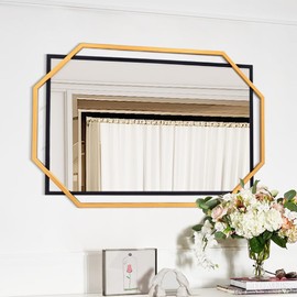 Autdot Large Wall Mirror Decorative, 24"x36" Living Room Mirror Wall Decor with Metal Frame, Modern Black Gold Bathroom Mirror for Over Sink Horizontal/Vertical
