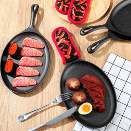 Lallisa 6 Set Cast Iron Fajita Plate Sizzler Pan Pre Seasoned Cast Iron Skillet with Anti Scald Protection Hot Mitt Evenly Heated Flat Sizzler Plates for Kitchen Party Restaurant Service
