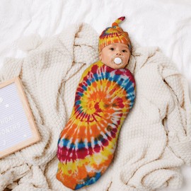 Tie Dye Colorful Rainbow Baby Swaddle Blankets, Newborn Swaddle with Beanie Set, Soft and Stretchy Baby Blanket Swaddle Sack for Boy and Girl