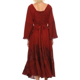 Sakkas 15223 - Mirabel Stonewashed Corset Style Floral Emboridery Kimono Sleeve Dress - red - 1X/2X