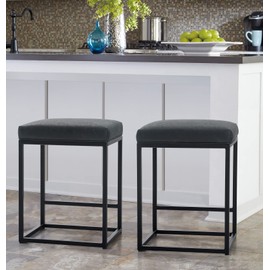 MAISON ARTS Bar Stools Set of 2 | Counter Height Bar Stools for Kitchen Island | Modern Black Barstools with Metal Frame&Faux Leather Upholstery | Farmhouse Backless Bar Stool | 24" Bar Height Stools