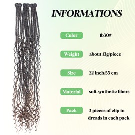 Dsoar Clip-In Dreadlock Extensions, Boho Curly Ended Synthetic Dreads with Clips, Soft Crochet Loc Extensions, 22 Inches, Pack of 3
