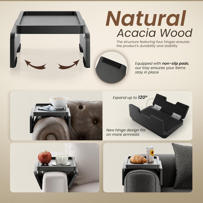 HOLANA Acacia Wood Sofa Armrest Tray - 13.75 x 9.5in