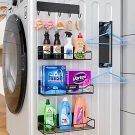 JulktLli 5 Pack Magnetic Shelves for Washing Machine & Refrigerator - Heavy Duty Laundry Room Organization System with Tool Hooks, Versatile Metal Storage Baskets for Kitchen, Closet (Black)