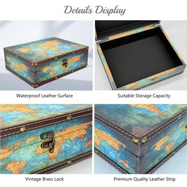 Amedoo Treasure Box Vintage Wooden + PU Leather Decorative Trinket Jewelry Box Memento Case Box Keepsake Box Gifts For Kids Girls Women Men Home Decor (Map/Green, Medium)