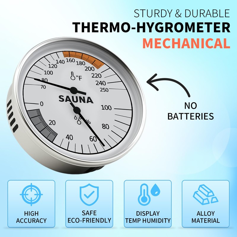 Sauna Thermometer & Humidity Meter with Fahrenheit - All-Metal Wall