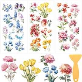 INFUNLY 3 Sheet Spring Flower Rub on Transfers 5.9x11.8 Vintage Floral Furniture Rub on Transfer Decals Retro Pink Yellow Blue Rub on Transfer Wildflower Sticker Waterproof for Wood Glass Home Decor