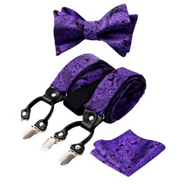 Alizeal Mens Self-Tied Adjustable Floral Paisley Bow Tie, Pocket Square and Elastic Y Shape 6 Clips Braces Set, Dark Purple