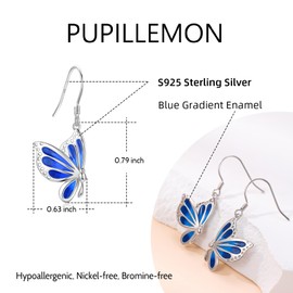 PUPILLEMON Butterfly Earrings, 925 Sterling Silver White Gold Plated Blue Butterfly Dangle Earrings, Butterfly Jewelry for Women Butterfly Lovers Gifts Sensitive Ears