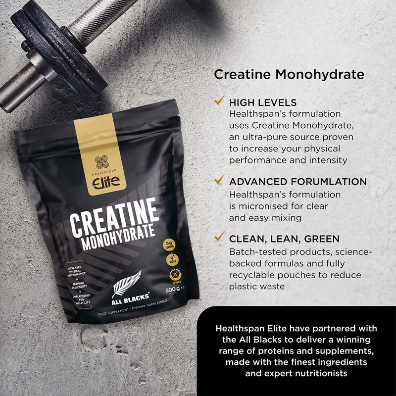 Healthspan Elite All Blacks Creatine Monohydrate (500g) | Increase Physical
