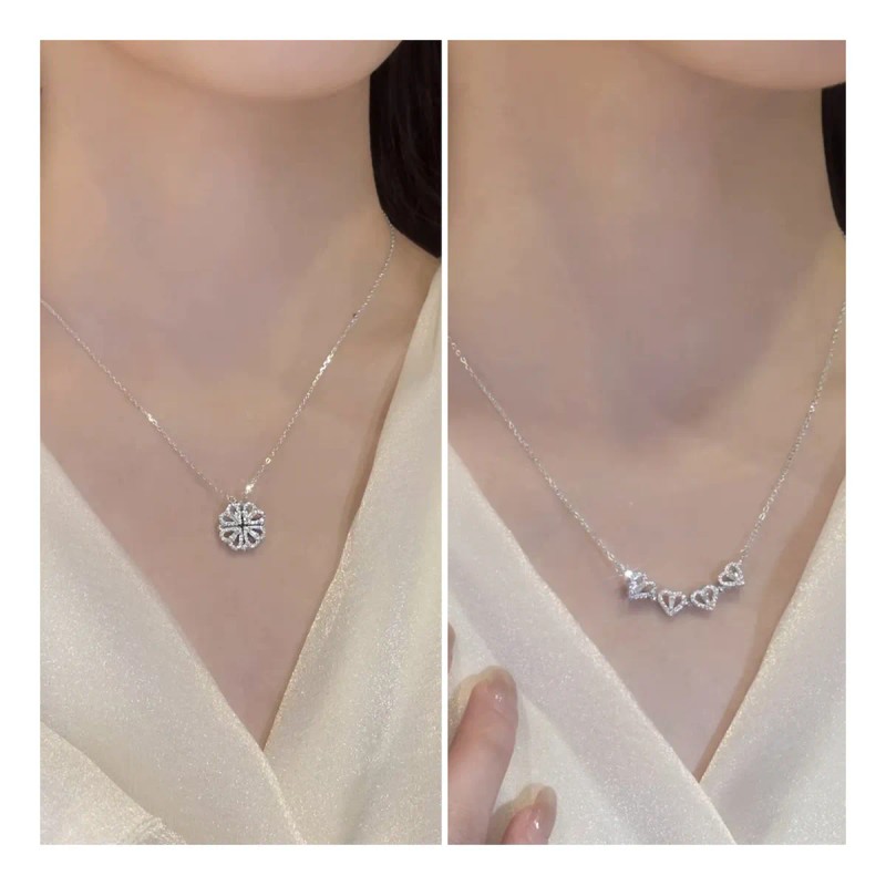 Collar Convertible Plata 925 Corazón Y Trébol De 4 Hojas