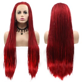 Ombre Red Box Braided Wigs Long Lace Front Braids Hair Wigs for Black Women Realistic Hand Braided Synthetic Wigs Soft Straight Cornrow Lace Frontal Wigs Heat Resistant Fiber Cosplay 26Inch