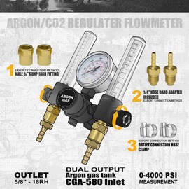 AWLOLWA Dual Output Argon/CO2 Regulater Flowmeter for TIG MIG Welder 60 SFCH - CGA 580 Inlet Connection and 5/8" - 18RH Outlet Fitting