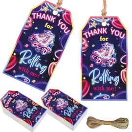 Funmemoir 50pcs Roller Skate Thank You Tags Appreciation Tags with String Thank You for Rolling with Us Tags for Roller Skate Theme Birthday Party Bridal Shower Wedding Party Favors