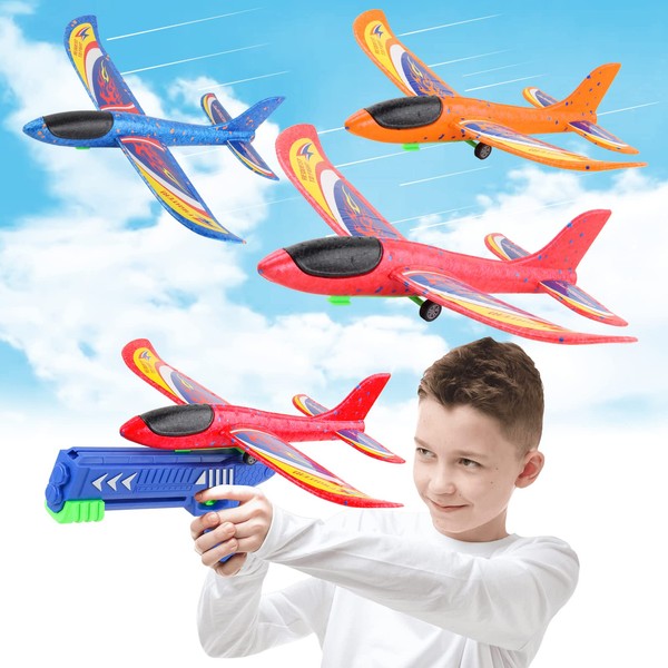 3 Pack Airplane Toy with Launcher: 2 Flight Modes Foam Plane Toys for Boys Age 8-12 - Flying Outdoor Toys for Kids Ages 4-8, Boy Toys Birthday Gifts Toys for 3 4 5 6 7 8 9 10+ Year Old Boys Girls
