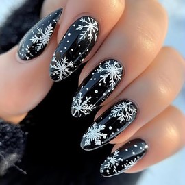 Snowflake Press on Nails Almond Black Glitter Fake Nails Christmas Medium False Nails with Snowflake Designs Acrylic Nails Xmas Glue on Nail Glossy Medium Artificial Stick on Nail for Women