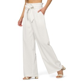 Willit Women Linen Pants Casual Wide Leg Dress Pants High Waisted Paperbag Work Trousers Summer Tie Knot Pockets 32" White M