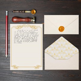 XXINMOH 90 Pieces Stationery Set with Envelopes (60 Vintage-Style Paper Sheets + 30 Envelopes), Gold Border Letter Writing Paper and Envelopes for Love Letter, Party Invitations