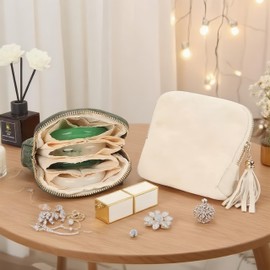 Jeonnfp Jewelry Travel Case Organizer,Portable Travel Jewelry Organizer with Zipper,Velvet Small Jewelry Organizer Storage Bags for Earrings Bracelet Rings(White)