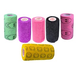 3 Inch Self Adhesive Medical Bandage Wrap Sport Tape (Purple, Pink, Black and Smiles on Yellow, Pink, Green) (6 Pack) Strong Elastic Self Adherent Flex Rolls Wrist Ankle Knee Sprains and Swelling