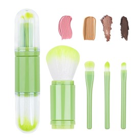 Mini Makeup Brush Travel Set - Green 4 in 1 Portable Telescopic Brush, Highlight Brush, Eyeshadow Brush, Foundation Blending Powder Brush Retractable Facial Cosmetic Lip Brush Set