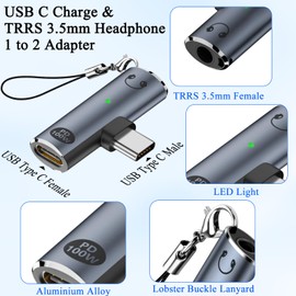 QIANRENON PD100W USB C Charging Headphone 2 in 1 Adapter USB Type C Male to Type C Female & TRRS 3.5mm Female Connector USB C Phone Fast Charge 3.5mm Headset Converter,with LED Light,Hanging Hole