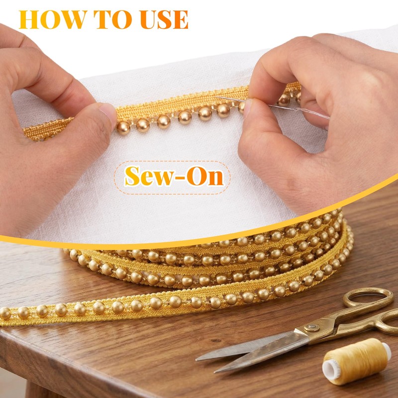 HINZIC 2.3 Yards Gold Pearl Beaded Fringe Trim, 0.5 Inch