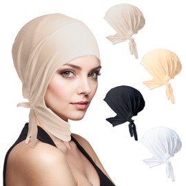 GoaePode Adjustable Muslim Hijab Undercap 4PCS Cotton Scarf Hat with Neck Strap, Secure Neck Band Anti-Slip, 4 Colors Stretch Underscarf for Women Islamic Head Cover (Black/White/Beige/Yellow)