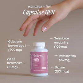 Holiherb - Cápsulas HER | Hair Skin & Nails para Mujer | Colágeno Hidrolizado + Biotina + Ácido Hialurónico + MSM + Selenio + Resveratrol | 90 Cápsula